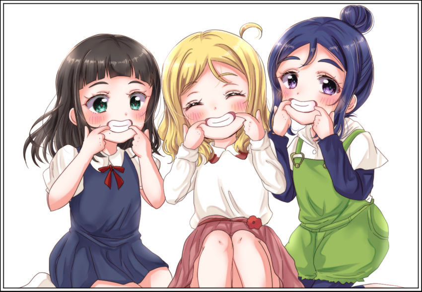 3girls ^_^ alternate_hairstyle bangs black_hair blonde_hair blue_dress blue_hair blunt_bangs blush border closed_eyes collared_shirt dress eneco eyes_closed fingersmile green_eyes green_overalls grin hair_bun kneeling knees_up kurosawa_dia leggings long_hair long_sleeves looking_at_viewer love_live! love_live!_sunshine!! matsuura_kanan mole mole_under_mouth multiple_girls ohara_mari one_side_up overalls pinafore_dress pink_shirt purple_eyes shirt short_over_long_sleeves short_sleeves sidelocks sitting smile white_shirt younger