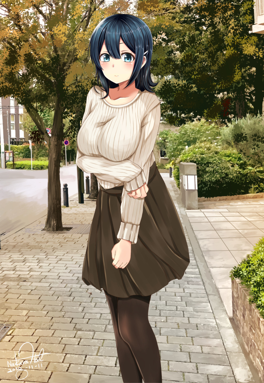 alternate_costume alternate_hairstyle arm_under_breasts bangs blue_eyes blue_hair blush breasts brown_legwear brown_skirt closed_mouth collarbone commentary_request dated day hair_between_eyes hair_ornament hairclip high-waist_skirt highres kantai_collection large_breasts long_hair looking_at_viewer nakura_haru outdoors pantyhose ribbed_sweater road_sign sidelocks sign signature skirt solo souryuu_(kantai_collection) sweater tareme tree