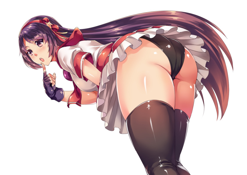 :o asamiya_athena ass bangs bent_over black_gloves black_legwear black_panties finger_to_mouth fingerless_gloves gloves hair_ornament hairband long_hair looking_at_viewer looking_back miniskirt panties parted_bangs petticoat pleated_skirt puffy_short_sleeves puffy_sleeves purple_eyes purple_hair red_hairband red_neckwear red_sailor_collar red_skirt sailor_collar school_uniform serafuku shinkaui short_sleeves simple_background skirt snk solo star star_hair_ornament the_king_of_fighters the_king_of_fighters_xiv thighhighs thighs underwear very_long_hair white_background