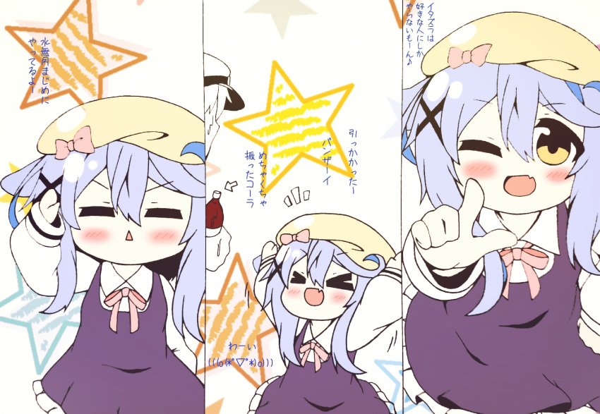&gt;_&lt; :&lt; :d ;d =_= animal_ears azur_lane bangs beret blue_hair bottle brown_eyes brown_hat chibi closed_eyes collared_shirt commander_(azur_lane) commentary_request directional_arrow dog_ears dress eyebrows_visible_through_hair fang frilled_dress frills hair_between_eyes hat holding holding_bottle kurukurumagical long_hair long_sleeves minazuki_(azur_lane) one_eye_closed open_mouth out_of_frame parted_lips pink_ribbon purple_dress ribbon shirt sidelocks sleeveless sleeveless_dress smile star translation_request triangle_mouth white_shirt xd