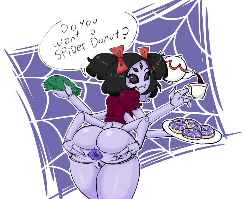 anus arachnid arthropod beverage big_butt bottomless butt clothed clothing doughnut female food froseak insect money muffet pussy speech_bubble spider spreading tea text undertale video_games