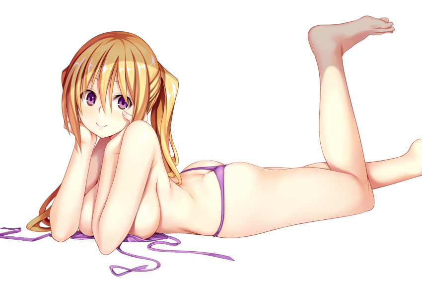 ass bangs barefoot bikini bikini_removed blonde_hair blush breasts butt_crack commentary_request feet_up hair_between_eyes hands_on_own_face large_breasts lieselotte_sherlock lipstick long_hair looking_at_viewer makeup nao_akinari purple_bikini purple_eyes purple_lipstick sideboob sidelocks simple_background smile solo swimsuit topless trinity_seven twintails untied untied_bikini white_background