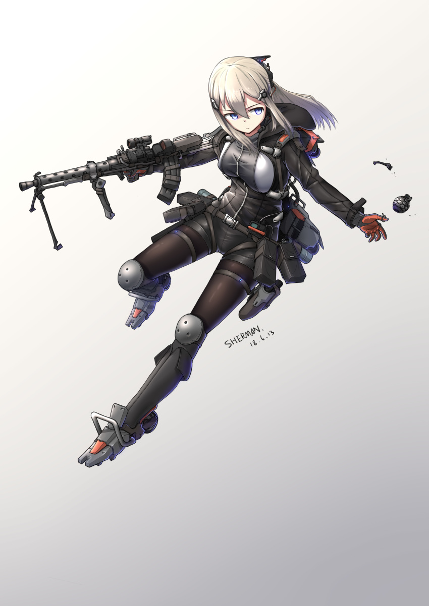 1girl absurdres bipod blonde_hair blue_eyes dated explosive full_body gloves gradient gradient_background grenade gun handgun highres holding holding_gun holding_weapon holster holstered_weapon long_hair original pantyhose pistol science_fiction sherman_(egnk2525) short_shorts shorts signature solo thigh_holster weapon