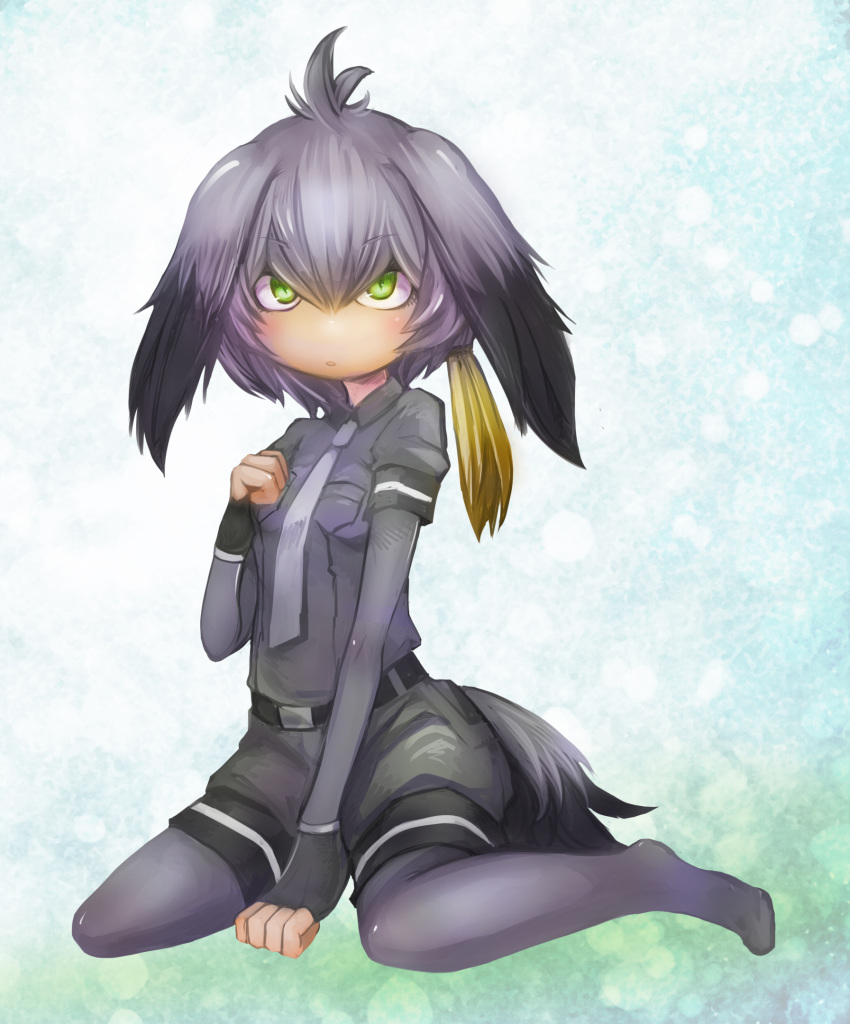 bangs between_legs bird_tail bird_wings black_gloves blonde_hair eyebrows_visible_through_hair feathered_wings fingerless_gloves full_body gloves green_eyes grey_hair grey_legwear hair_between_eyes hand_between_legs hand_up head_wings highres kemono_friends long_hair multicolored_hair necktie pantyhose ruu_bot shoebill_(kemono_friends) short_sleeves side_ponytail sitting solo tail wariza white_neckwear wings