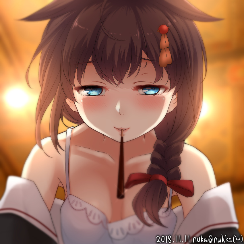 absurdres black_hair blue_eyes bra closed_mouth collarbone commentary_request food hair_ornament highres incoming_pocky_kiss kantai_collection lamp looking_at_viewer md5_mismatch nuka_(nvkka) pink_bra pocky pocky_kiss red_ribbon remodel_(kantai_collection) resized ribbon school_uniform serafuku shared_food shigure_(kantai_collection) side_ponytail smile solo underwear upscaled