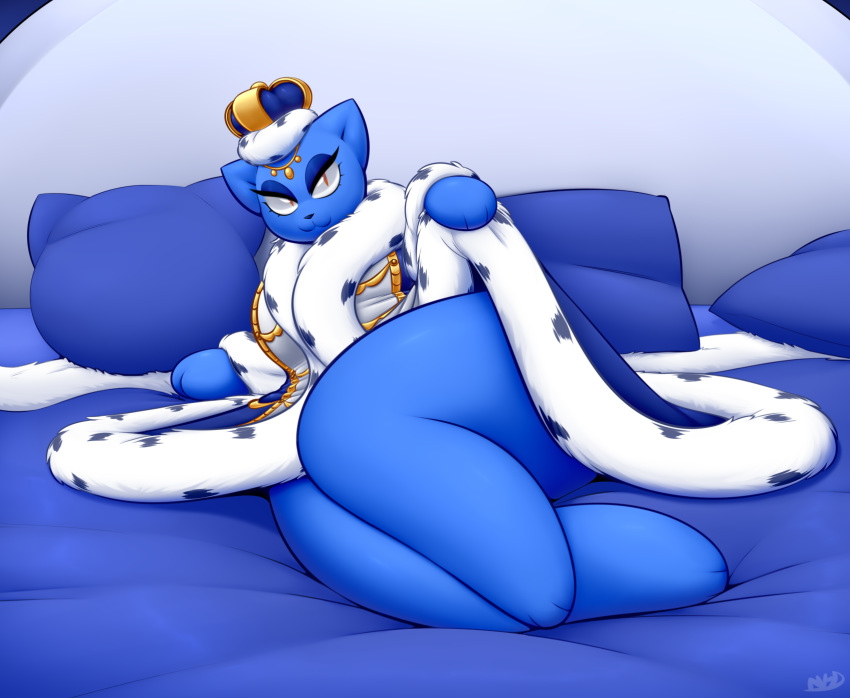 averyshadydolphin bed blue_fur breasts butt cat coat crown eyelashes feline female fur kitty_(averyshadydolphin) mammal paws pillow queen royalty thick_thighs wide_hips