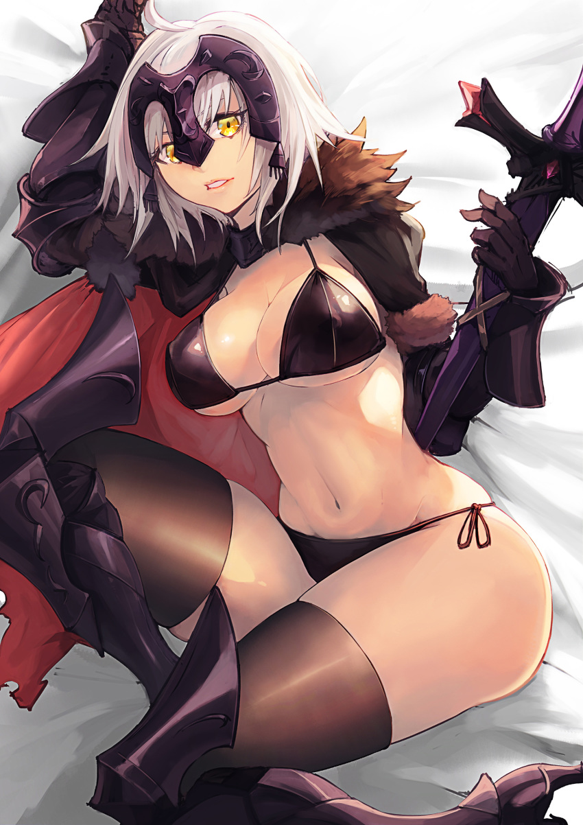 ahoge armor bangs bed_sheet bikini black_bikini board_game breasts cape cleavage commentary_request covered_nipples fate/grand_order fate_(series) fur-trimmed_cape fur_collar fur_trim gauntlets headpiece highres jeanne_d'arc_(alter)_(fate) jeanne_d'arc_(fate)_(all) large_breasts navel short_hair silver_hair srsojiro swimsuit sword thighhighs thighs tsurime weapon yellow_eyes