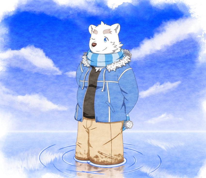 2018 anthro bear black_nose blue_eyes clothing fur male mammal no_tes one_eye_closed pants polar_bear scarf shirane_kan shirt slightly_chubby solo utau water white_fur wink