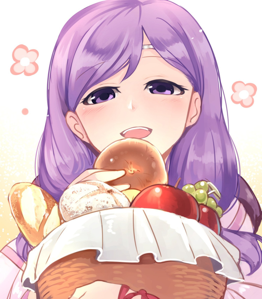 apple basket bread circlet commentary_request eating fire_emblem fire_emblem:_souen_no_kiseki food fruit grapes highres ilyana long_hair nakabayashi_zun open_mouth purple_eyes purple_hair simple_background solo white_background