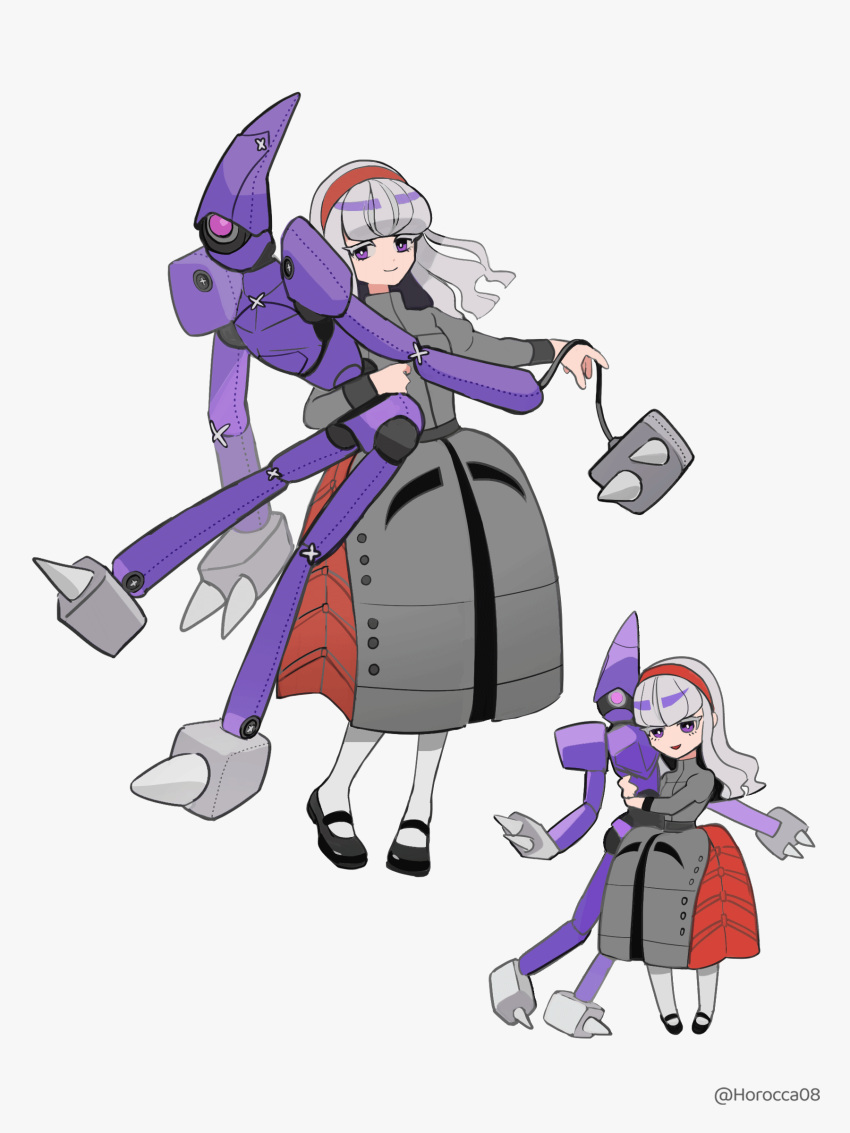 1girl absurdres black_shoes blunt_bangs bright_pupils character_doll doll dress grey_dress grey_hair gundam gundam_gquuuuuux hairband highres holding holding_doll holding_stuffed_toy horocca hugging_doll hugging_object kikeroga_(gquuuuuux) long_dress long_hair long_sleeves looking_at_viewer mary_janes mecha_musume mobile_armor multicolored_hair parted_lips personification purple_eyes purple_hair red_hairband shoes smile socks solo streaked_hair stuffed_toy white_pupils white_socks