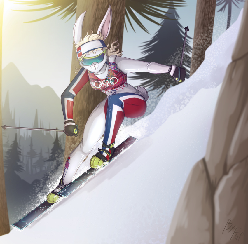 anthro blonde_hair breasts clothed clothing female fuf fur hair lagomorph mammal norway olympics outside pine_tree rabbit skiing snow solo tree white_fur