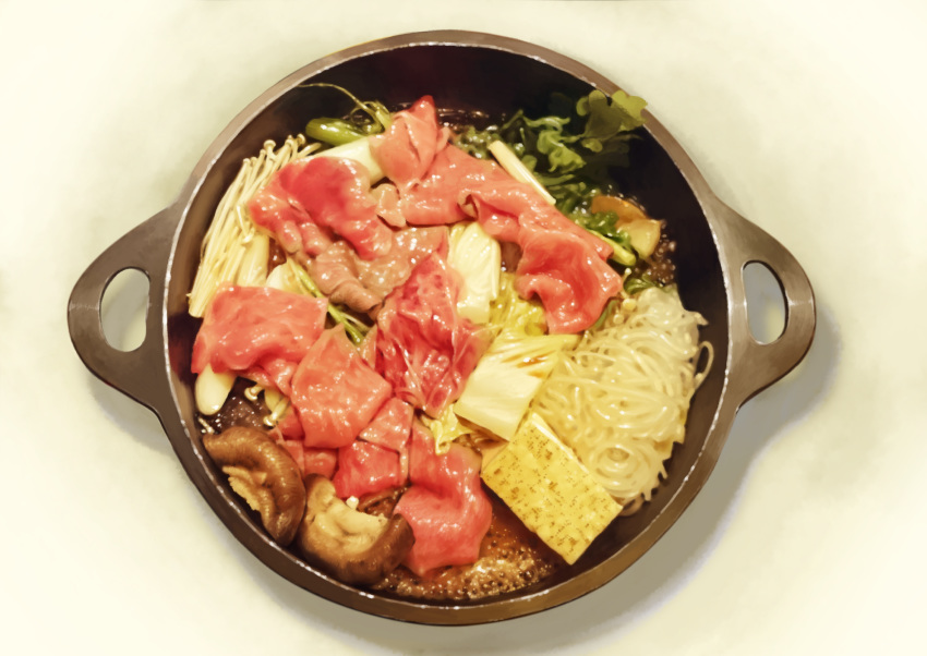 bcd commentary_request food from_above highres meat mushroom nabe no_humans noodles original pot realistic still_life sukiyaki tofu
