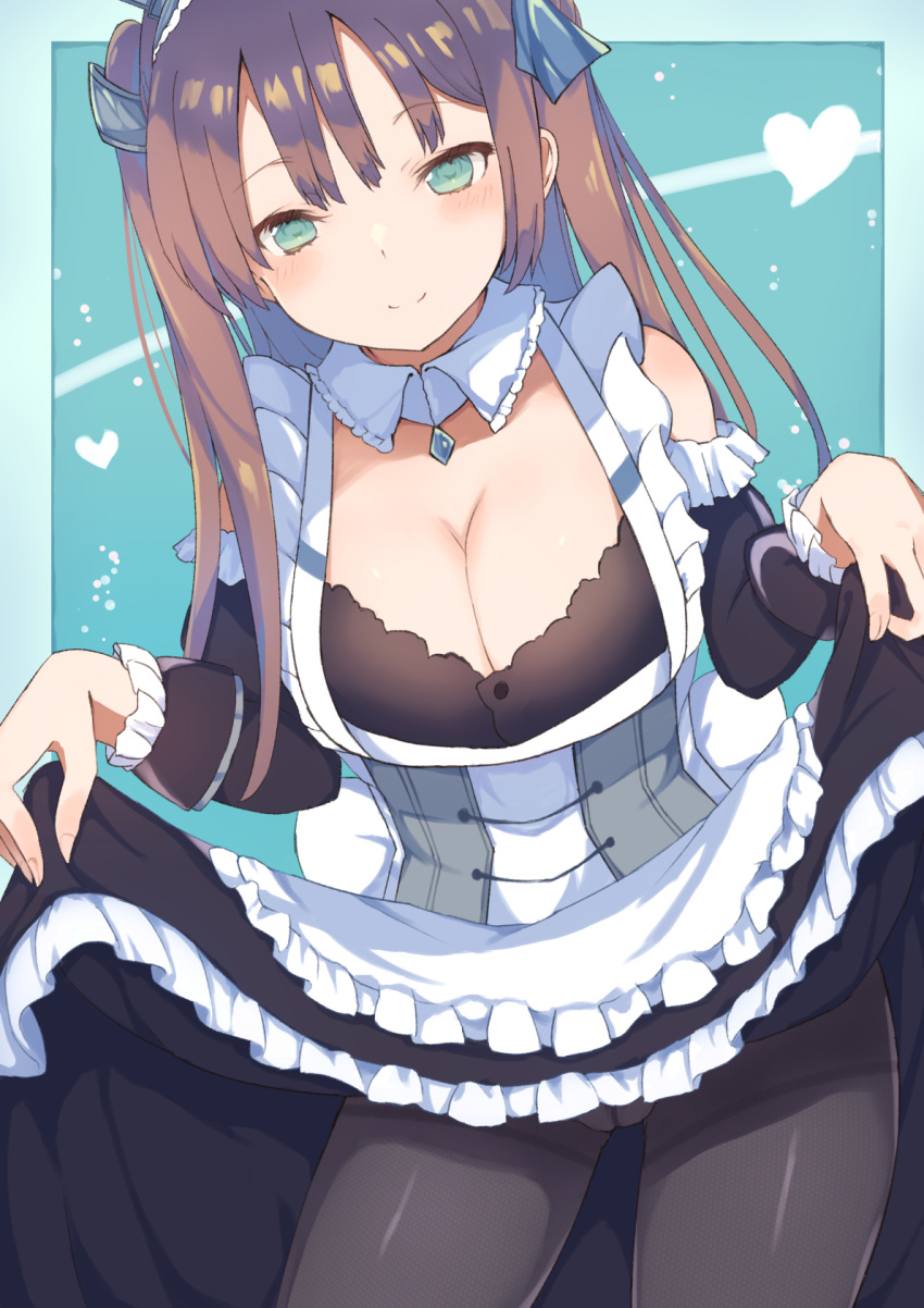 azur_lane black_legwear breasts brown_hair cleavage collar commentary_request corset crotch_seam detached_sleeves eyebrows_visible_through_hair green_eyes hair_ribbon highres kogalashi large_breasts lifted_by_self long_hair maid newcastle_(azur_lane) panties pantyhose pantyshot ribbon sidelocks skirt skirt_lift smile solo thighband_pantyhose two_side_up underwear victorian_maid