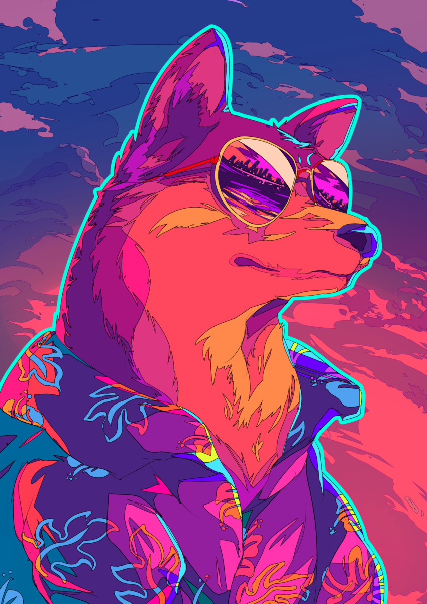 animal_focus berryverrine city cityscape clothed_animal cloud cloudy_sky commentary_request dog gradient_sky highres leaf_print no_humans original outdoors purple_sky reflection shiba_inu shirt sky sunglasses twilight