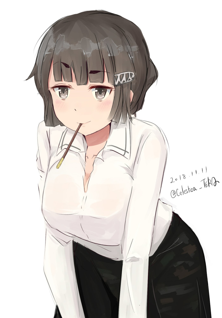 black_skirt blush braided_bun breasts brown_eyes brown_hair celestea_tera closed_mouth collared_shirt commentary_request eyebrows_visible_through_hair food hair_ornament hairclip highres incoming_pocky_kiss kantai_collection large_breasts long_hair long_sleeves myoukou_(kantai_collection) pocky pocky_day pocky_kiss shared_food shirt sidelocks simple_background skirt smile solo white_background white_shirt