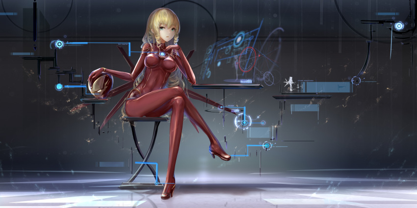 aqua_eyes blonde_hair bodysuit breasts drill_hair eyebrows_visible_through_hair genderswap genderswap_(mtf) high_heels highres holographic_interface iron_man long_hair looking_at_viewer marvel medium_breasts red_bodysuit sitting solo twin_drills wangchuan_de_quanyan