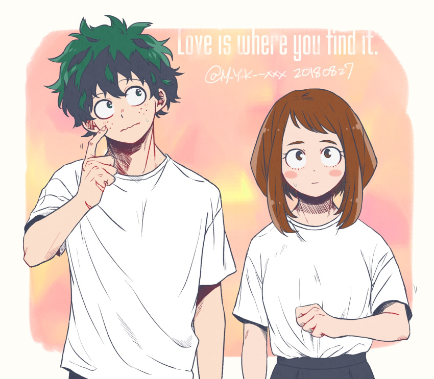 1girl blush_stickers boku_no_hero_academia brown_eyes brown_hair clenched_hand commentary_request dated freckles green_eyes green_hair head_tilt highres looking_at_viewer m_y_k_xxx messy_hair midoriya_izuku scar scratching_cheek shirt short_hair sidelocks t-shirt twitter_username uraraka_ochako wavy_mouth white_shirt