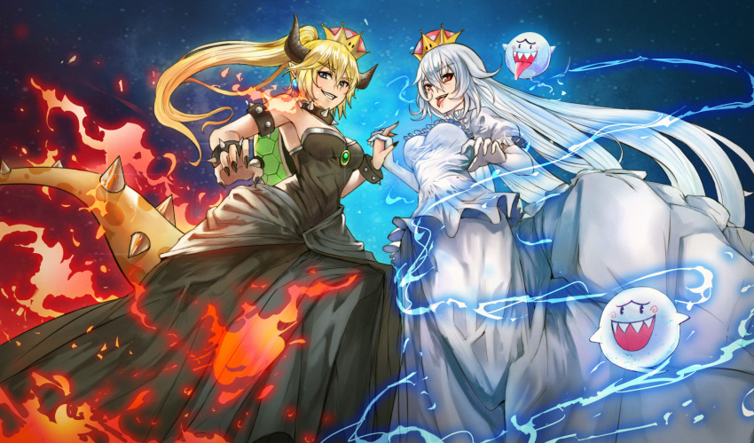 bare_shoulders black_dress blonde_hair blue_earrings blue_eyes boo bowsette bracelet breasts collar crown dress electricity fingernails fire highres horns jewelry jorinz long_hair mario_(series) multiple_girls pointy_ears princess_king_boo red_eyes sharp_fingernails spiked_armlet spiked_bracelet spiked_collar spiked_tail spikes strapless strapless_dress super_crown super_mario_bros. tail tongue tongue_out turtle_shell white_dress white_hair