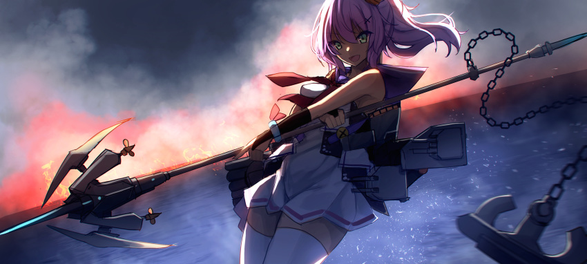 :d absurdres anchor ashisi azur_lane backlighting bangs bare_shoulders blue_sailor_collar chain cloud cloudy_sky dress dutch_angle eyebrows_visible_through_hair fire green_eyes hair_between_eyes hair_ornament hairclip highres holding holding_javelin holding_spear holding_weapon horizon javelin javelin_(azur_lane) long_hair looking_at_viewer neckerchief night ocean open_mouth outdoors pink_hair pleated_dress polearm ponytail purple_hair red_neckwear sailor_collar sailor_dress sky sleeveless smile solo spear thighhighs v-shaped_eyebrows water weapon white_dress white_legwear zettai_ryouiki