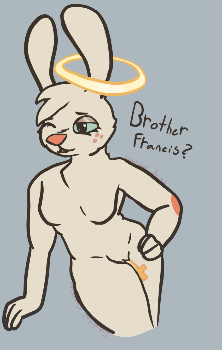angel angel_gabby angel_hare anthro bodily_fluids christian_symbol christianity cross cross_in_pussy female freckles halo hare hi_res inhabitedartist lagomorph leporid mammal object_in_pussy pussy_fluid rabbit religion religious_symbol skinny text the_east_patch