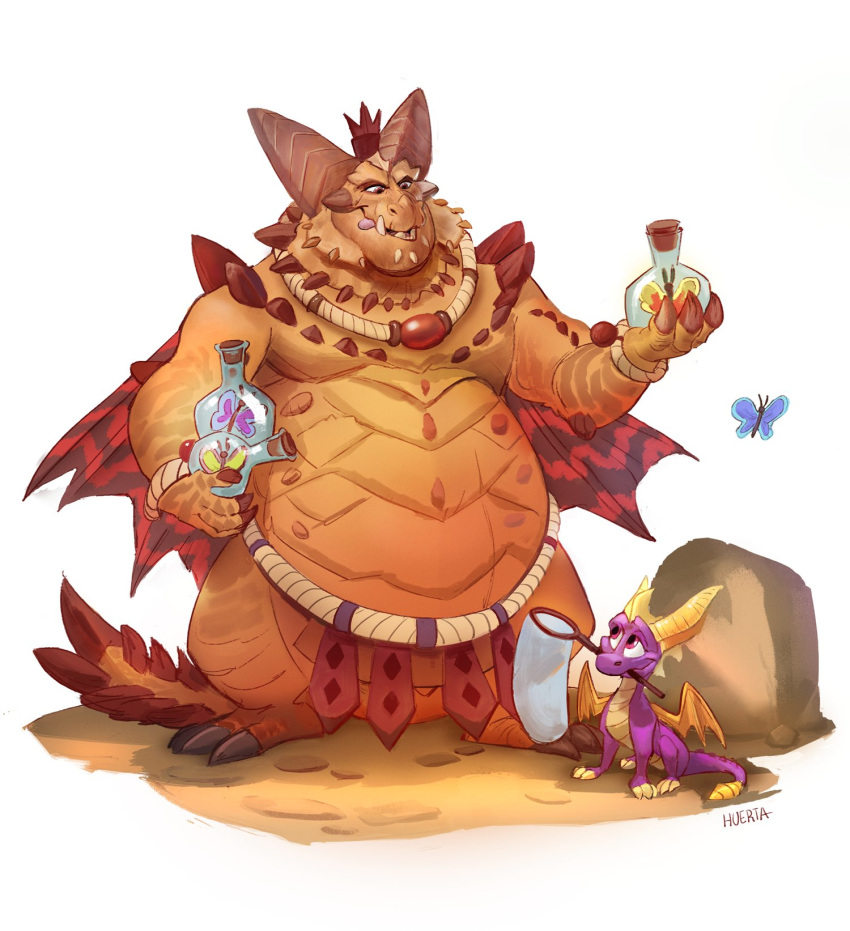 anthro arthropod belly bottle butterfly butterfly_net claws dragon gamutfeathers hi_res horn insect magnus_(spyro) male net scalie smile solo spikes spyro spyro_reignited_trilogy spyro_the_dragon tongue video_games wings