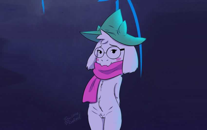 2018 anthro areola black_eyes blush caprine castle clitoris clothed clothing crossgender deltarune digital_media_(artwork) eyelashes eyewear female flat_chested floppy_ears fur glasses goat green_hat grin hair hands_behind_back hat head_tuft hi_res horn lizard looking_at_viewer mammal monster mostly_nude outside partially_clothed pussy ralsei reptile scalie scarf smile snout soulcentinel standing video_games watermark white_fur window witch_hat young