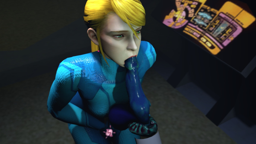 (falco)sfm 3d 3d_(artwork) blonde_hair computer_screen dildo futuristic jumpsuit kneeling oral samus_aran source_filmmaker