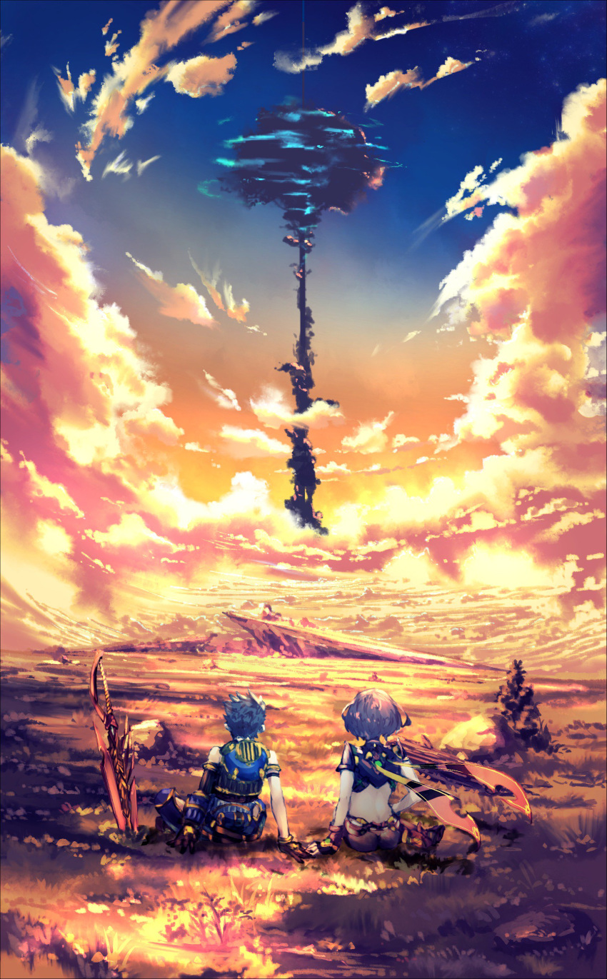 1girl absurdres arm_at_side arm_support armlet ass brown_gloves brown_hair bush cloud field from_behind gloves grass highres homura_(xenoblade_2) orange_sky planted_sword planted_weapon poteto_(potetosarada123) red_hair rex_(xenoblade_2) rock scenery short_hair sitting sky sunset sword touching tree weapon xenoblade_(series) xenoblade_2