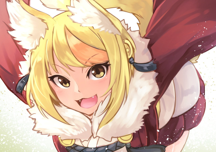 :d animal_ears blonde_hair commentary_request fangs fire_emblem fire_emblem_if fox_ears fur_trim highres kinu_(fire_emblem_if) multicolored_hair nakabayashi_zun open_mouth orange_hair outstretched_arms short_hair simple_background smile solo spread_arms streaked_hair two-tone_hair white_background yellow_eyes