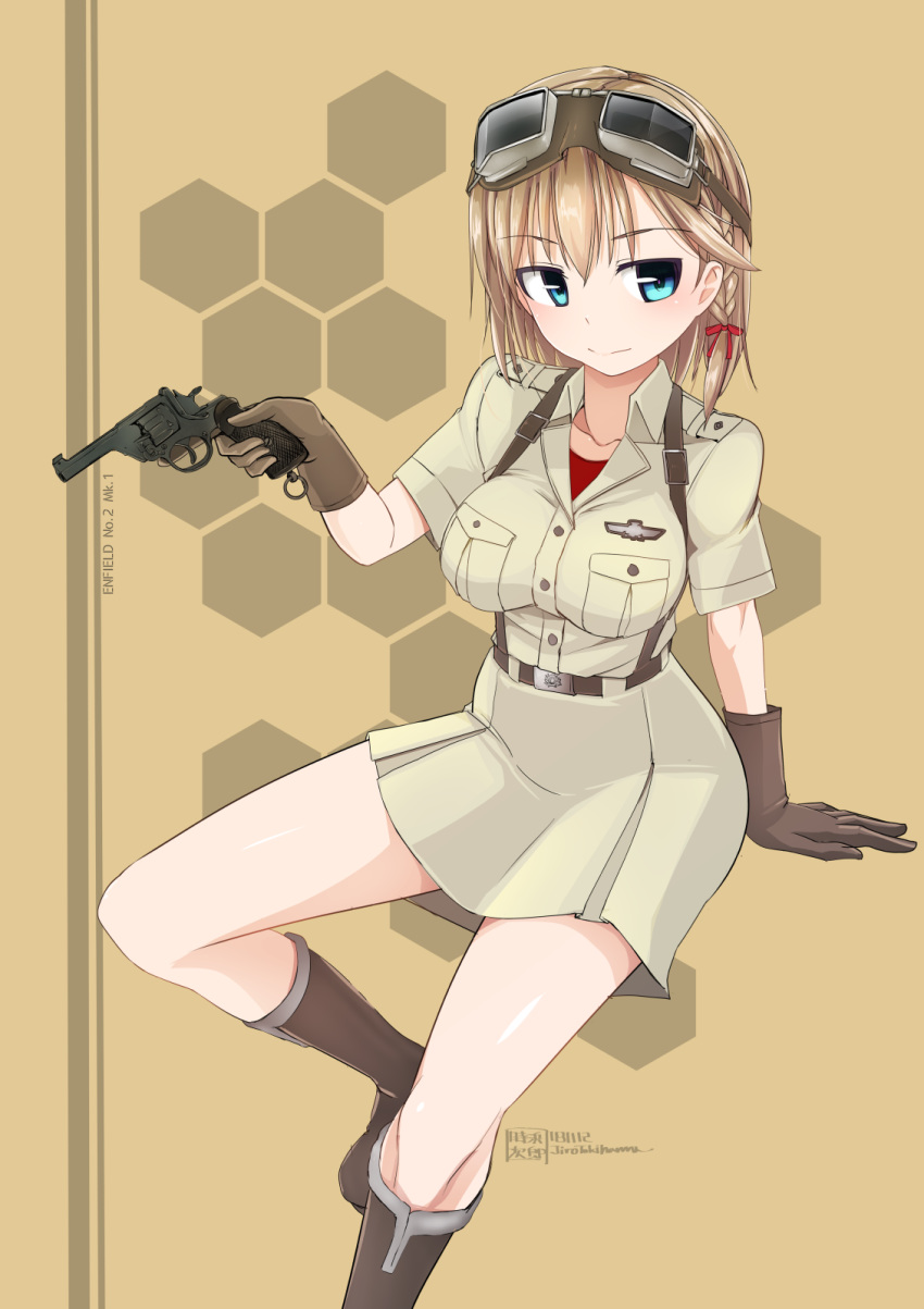 artist_name blonde_hair blue_eyes boots breast_pocket breasts brown_dress brown_footwear brown_gloves commentary dress enfield_no.2_mk1 gloves goggles goggles_on_head gun hair_ribbon highres holding holding_gun holding_weapon large_breasts looking_at_viewer military original pocket red_ribbon ribbon short_hair short_sleeves sitting solo tokihama_jirou weapon
