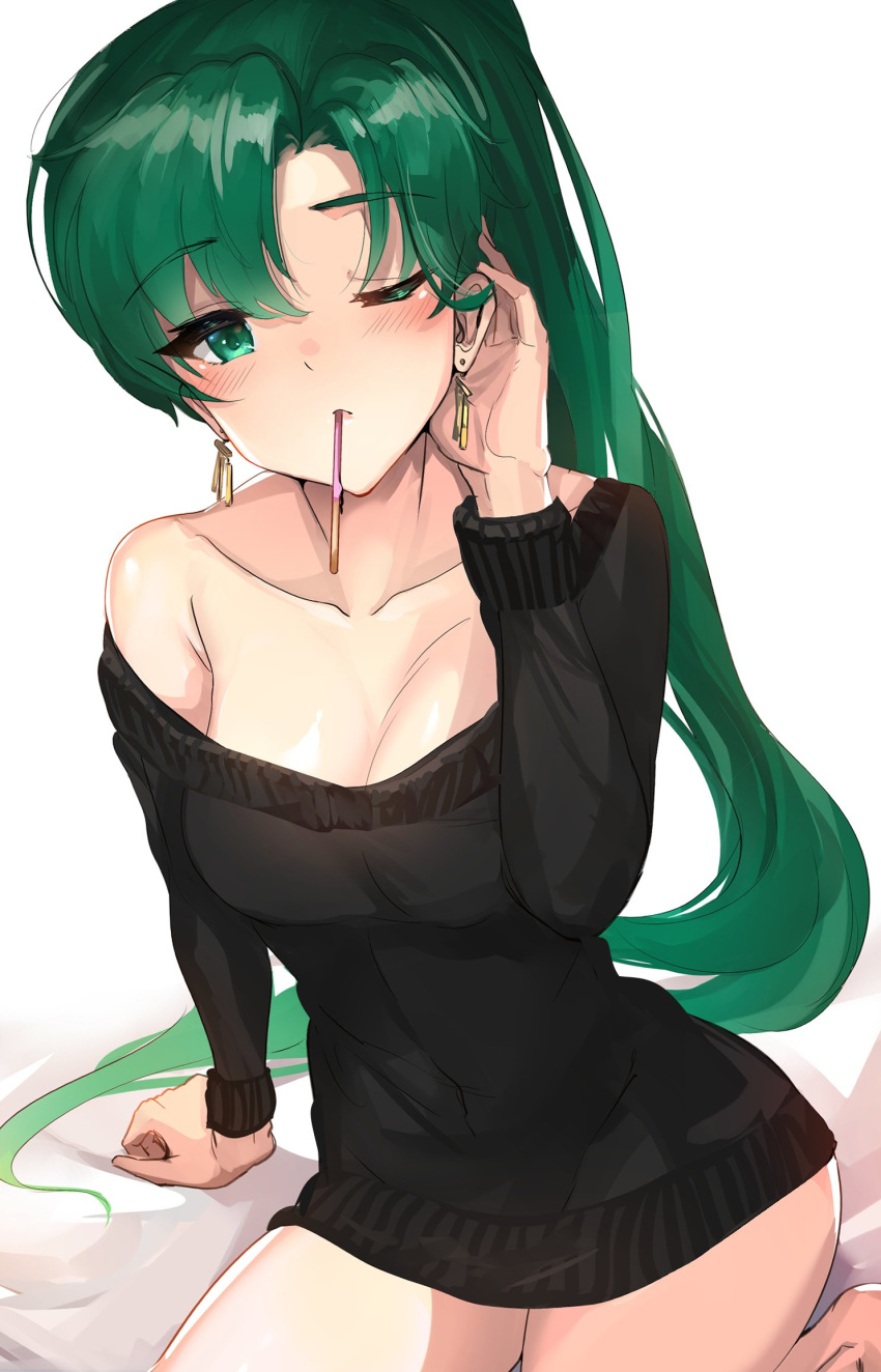 blush candy collarbone commentary_request earrings eating fire_emblem fire_emblem:_rekka_no_ken food green_eyes green_hair hair_tucking high_ponytail highres jewelry long_hair looking_at_viewer lyndis_(fire_emblem) mouth_hold off_shoulder ormille pocky pocky_day pocky_kiss ponytail shared_food single_bare_shoulder solo sweater