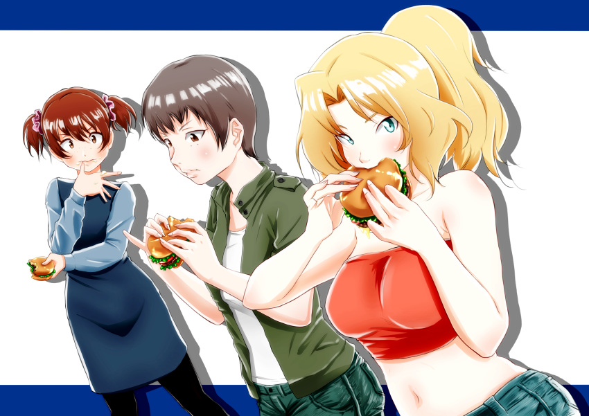 alisa_(girls_und_panzer) bangs bare_shoulders black_legwear black_pants blonde_hair blue_dress blue_eyes blue_shorts breasts brown_eyes brown_hair casual collared_shirt commentary crop_top denim denim_shorts dress dutch_angle eating food food_on_face freckles girls_und_panzer green_shirt hair_intakes hamburger highres holding holding_food jeans kay_(girls_und_panzer) letterboxed lips long_hair long_sleeves looking_at_viewer medium_breasts medium_dress midriff naomi_(girls_und_panzer) navel open_clothes open_shirt oze_(xyz_go_go11) pants pantyhose purple_scrunchie red_shirt scrunchie shadow shirt short_hair short_twintails shorts standing strapless tubetop twintails very_short_hair white_background white_shirt