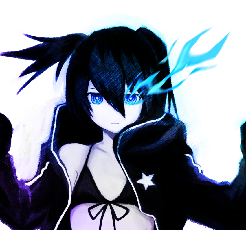 absurdres bikini_top black_coat black_gloves black_hair black_rock_shooter black_rock_shooter_(character) blue_eyes blue_fire burning_eye coat fire gloves hair_between_eyes highres huge_filesize looking_at_viewer pale_skin shoulders star twintails uneven_twintails watalgear white_background