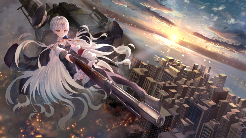 absurdres aiguillette aircraft bangs black_footwear black_hat blush bolt_action boots breasts cityscape cleavage coat commentary eyebrows_visible_through_hair falling fur-trimmed_coat fur_trim girls_frontline gun hair_between_eyes hat hat_removed headwear_removed helicopter highres iron_cross jacket_on_shoulders kar98k_(girls_frontline) long_hair mauser_98 peaked_cap pink_eyes red_eyes rifle scenery sidelocks smile smile2007h solo sunset thigh_boots thighhighs very_long_hair weapon white_hair