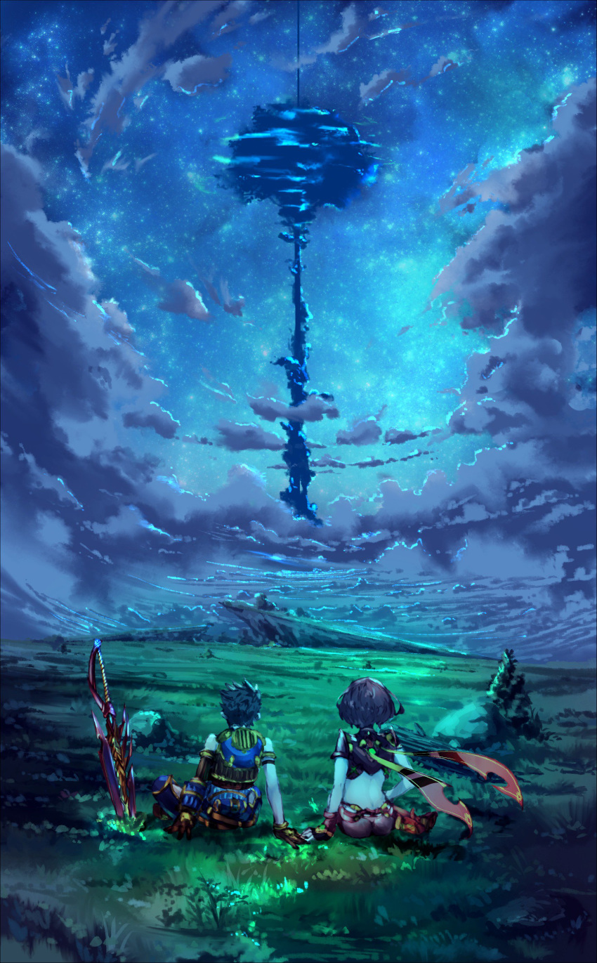 1girl absurdres arm_at_side arm_support armlet ass brown_gloves brown_hair bush cloud field from_behind gloves grass highres homura_(xenoblade_2) night night_sky planted_sword planted_weapon poteto_(potetosarada123) red_hair rex_(xenoblade_2) rock scenery short_hair sitting sky sword touching tree weapon xenoblade_(series) xenoblade_2