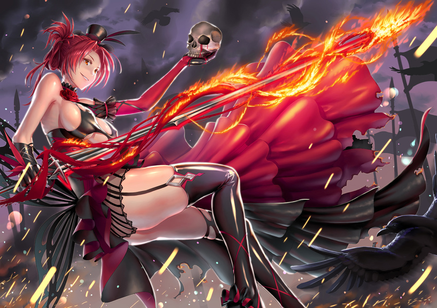 alternate_costume bangs bare_shoulders bird black_gloves black_legwear blood blood_rose breasts cleavage cloud cloudy_sky commentary_request dress elbow_gloves eyebrows_visible_through_hair fire folded_ponytail garter_straps gloves gotointhepark hair_ornament hat holding holding_skull holding_sword holding_weapon honkai_impact large_breasts light_particles long_hair looking_at_viewer mini_hat murata_himeko parted_bangs raven_(animal) red_gloves red_hair sideboob skindentation sky smile smirk solo sword thighhighs thighs two-tone_dress weapon yellow_eyes