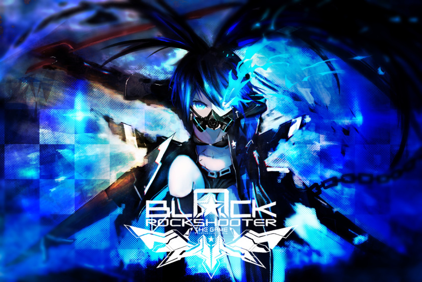 barcode_tattoo belt bikini_top black_coat black_footwear black_gloves black_hair black_rock_shooter black_rock_shooter_(character) black_rock_shooter_(game) blue_background blue_eyes blue_fire blurry burning_eye chain checkered checkered_background coat copyright_name fire gas_mask gloves hair_between_eyes hand_on_floor highres kneehighs logo looking_at_viewer mechanical_wings navel niii outstretched_arm pose scar shorts star sword tattoo twintails uneven_twintails weapon wings