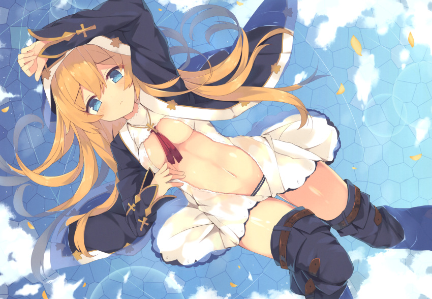 absurdres blonde_hair blue_eyes blue_footwear boots breasts cross cross_necklace eyebrows_visible_through_hair floating_hair from_above hair_between_eyes highres hood hood_up jewelry long_hair long_sleeves looking_at_viewer lying medium_breasts midriff navel necklace nibiiro_shizuka on_back original panties petals red_ribbon ribbon solo stomach thigh_boots thighhighs underboob underwear very_long_hair white_panties