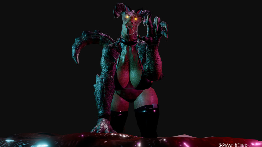 2018 3d_(artwork) anthro big_breasts bra breasts claws clothed clothing deathclaw digital_media_(artwork) fallout female horn huge_breasts leggings legwear looking_at_viewer mammal open_mouth panties scalie simple_background solo sowat-blend thick_thighs tongue tongue_out underwear video_games