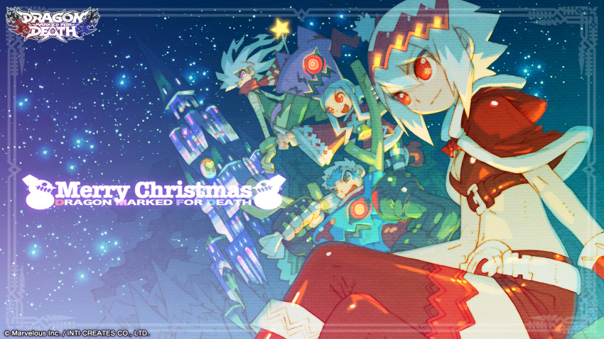 2boys 2girls arm_support breasts capelet christmas cleavage closed_mouth dragon:_marked_for_death empress_(dmfd) highres inti_creates merry_christmas midriff multiple_boys multiple_girls nakayama_tooru official_art red_eyes red_footwear red_legwear red_scarf sack santa_costume scarf shinobi_(dmfd) short_hair sidesaddle sitting smile thighhighs wallpaper wand warrior_(dmfd) watermark white_hair witch_(dmfd)