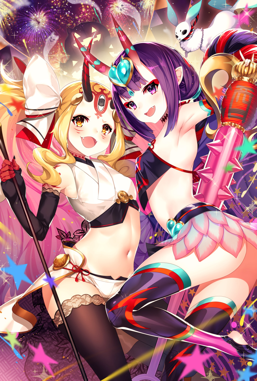 :d \m/ absurdres aerial_fireworks ass black_gloves blonde_hair blurry blurry_background blush breasts brown_eyes brown_legwear commentary_request creature crop_top depth_of_field dudou elbow_gloves facial_mark fangs fate/grand_order fate_(series) fingerless_gloves fingernails fireworks forehead_mark gloves halloween hamada_pochiwo headpiece heart highres horns huge_filesize ibaraki_douji_(fate/grand_order) ibaraki_douji_(swimsuit_lancer)_(fate) jack-o'-lantern lace lace-trimmed_thighhighs long_hair micro_shorts midriff multiple_girls navel oni oni_horns open_mouth purple_eyes purple_hair purple_legwear shorts shuten_douji_(fate/grand_order) shuten_douji_(halloween)_(fate) sidelocks small_breasts smile spikes stirrup_legwear thighhighs toeless_legwear twintails very_long_hair white_shorts
