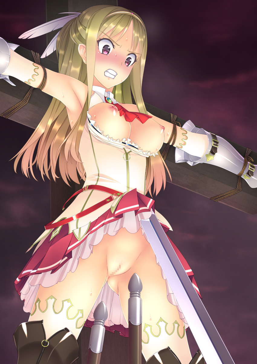 1girl _rape blonde_hair blush boots bound bound_arms breasts breasts_out censored cleavage_cutout clenched_teeth crucifixion detached_sleeves dress dress_lift f-ism feather gradient_hair grimace hair_ornament hairband imminent large_breasts long_hair multicolored_hair murakami_suigun nipples no_panties orange_hair original pink_eyes polearm pussy restrained solo sweat sword teeth thigh_boots thighhighs torture weapon