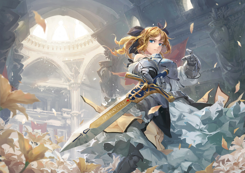 1girl arch architecture armor artoria_pendragon_(all) baraba_baba black_ribbon blonde_hair blue_eyes breastplate caliburn column fate/grand_order fate_(series) flower hair_ribbon lily_(flower) looking_at_viewer pillar ponytail ribbon saber_lily solo