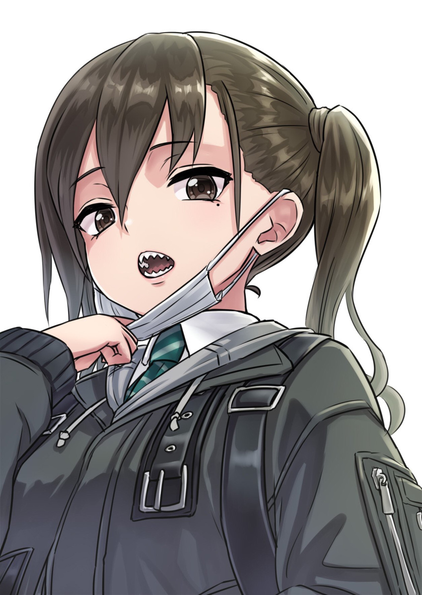 1girl bangs brown_eyes brown_hair collared_shirt commentary_request diagonal-striped_neckwear diagonal_stripes eyebrows_visible_through_hair green_neckwear grey_jacket hair_between_eyes hand_up highres idolmaster idolmaster_cinderella_girls jacket jd_(bibirijd) long_hair long_sleeves looking_at_viewer mask_pull necktie open_mouth pulled_by_self sharp_teeth shirt simple_background solo striped striped_neckwear sunazuka_akira surgical_mask teeth twintails upper_body white_background white_shirt