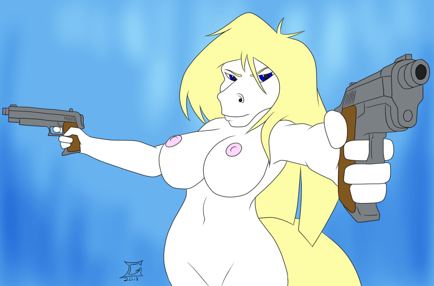 2018 anna_(sailoranna) anthro big_breasts blonde_hair blue_eyes breasts dual_wielding equine female goliathcpg gun hair handgun hi_res holding_object holding_weapon horse mammal navel nipples nude pistol ranged_weapon simple_background solo weapon