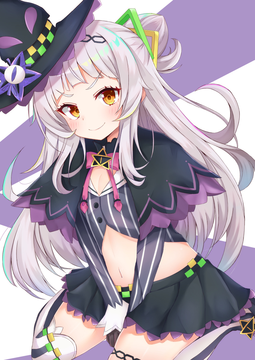 absurdres breasts capelet commentary_request crop_top hair_bun hands_on_hips hat highres hololive long_hair looking_at_viewer midriff murasaki_shion navel rokita seiza sitting small_breasts smile solo striped striped_legwear thighhighs virtual_youtuber witch_hat yellow_eyes