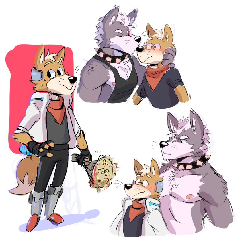 anthro blush canine clothed clothing duo fox fox_mccloud fully_clothed kissing male male/male mammal muscular muscular_male nintendo nipples plum_(artist) shirt size_difference star_fox tank_top topless video_games wolf wolf_o'donnell