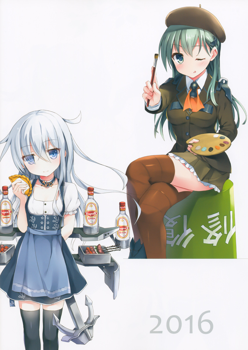 ;q absurdres adapted_costume alcohol anchor anchor_symbol apron aqua_eyes aqua_hair art_brush bankoku_ayuya beret black_legwear blue_eyes bottle breasts brochette brown_legwear brown_skirt bucket buttons cosplay crossed_legs dirndl dress eyebrows_visible_through_hair food german_clothes glass_bottle hair_ornament hair_over_one_eye hairclip hammer_and_sickle hat heart hibiki_(kantai_collection) highres kantai_collection long_hair looking_at_viewer medium_breasts multiple_girls one_eye_closed paintbrush painting painting_(object) palette pirozhki repair_bucket scan school_uniform shiny shiny_hair short_sleeves silver_hair simple_background skewer skirt small_breasts star suzuya_(kantai_collection) thighhighs tongue tongue_out uniform verniy_(kantai_collection) vodka white_background z1_leberecht_maass_(kantai_collection) z1_leberecht_maass_(kantai_collection)_(cosplay) zettai_ryouiki