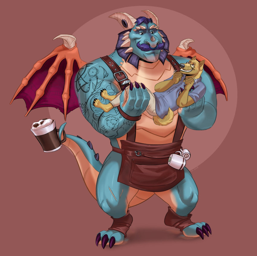 anthro barista beverage blush canine claws clothing coffee cup demie_duken dragon duo excited eyewear facial_hair gavin_(spyro) glasses happy male mammal mustache polartoons scalie size_difference smile spyro_reignited_trilogy spyro_the_dragon tattoo thebluebear27 video_games western_dragon wings