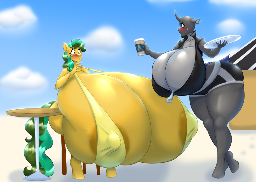 2018 anthro areola big_breasts blues64 blush breasts changeling clothed clothing collaboration digital_media_(artwork) duo equine fan_character female hair hi_res holding_object horn huge_breasts hyper hyper_breasts mammal marauder6272 my_little_pony nipple_bulge outside sinyxstra sweat sweatdrop